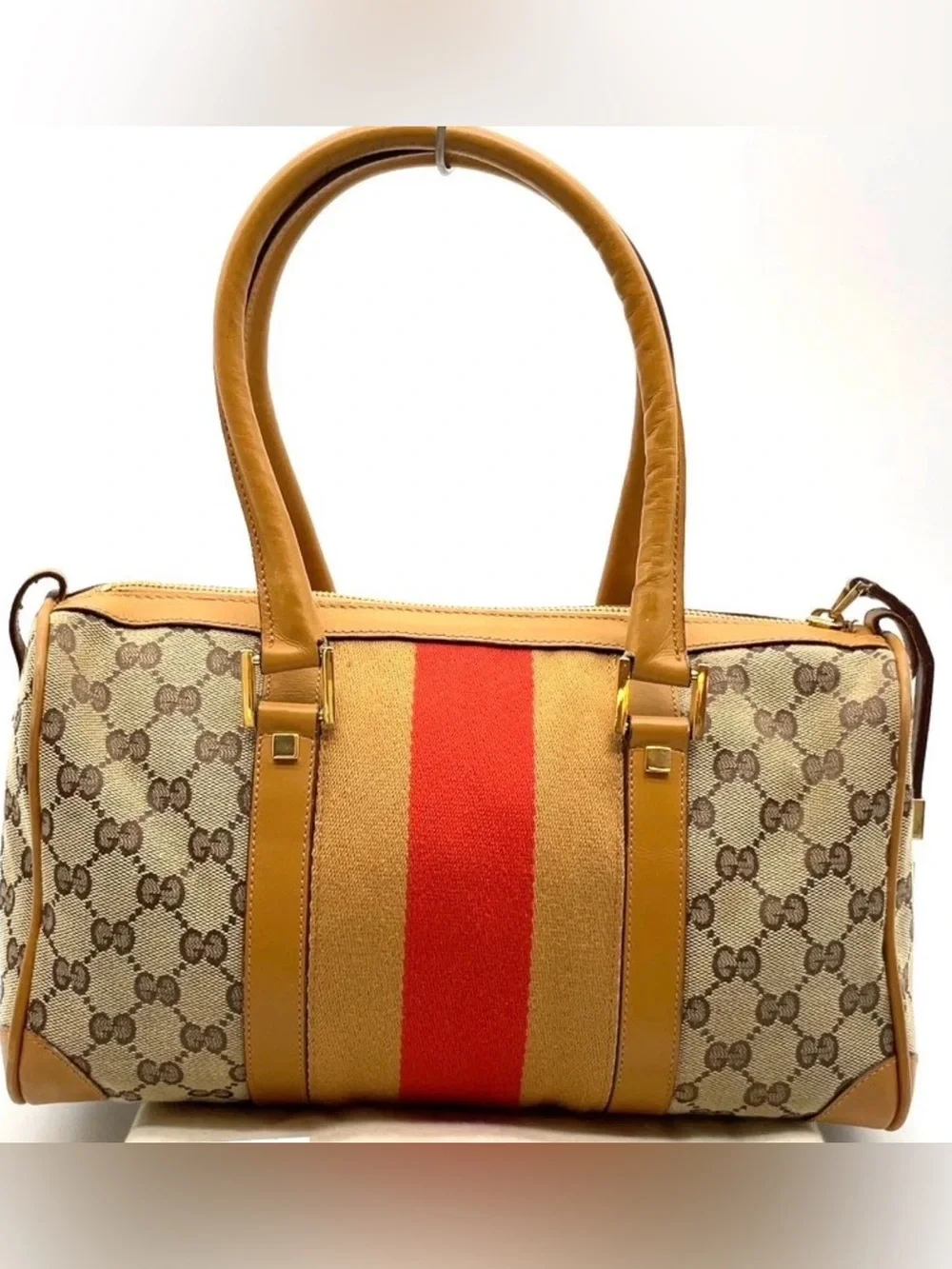 Gucci Brown MINI BOSTON BAG Monogram Satchel Sherry line Stripe perfect size!